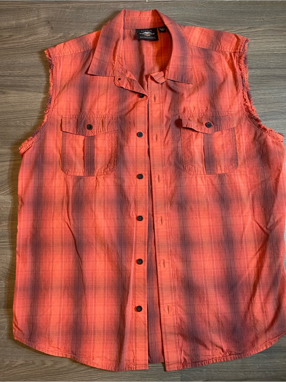 Harley-Davidson Orange and Black Plaid Sleeveless Button-Down Shirt